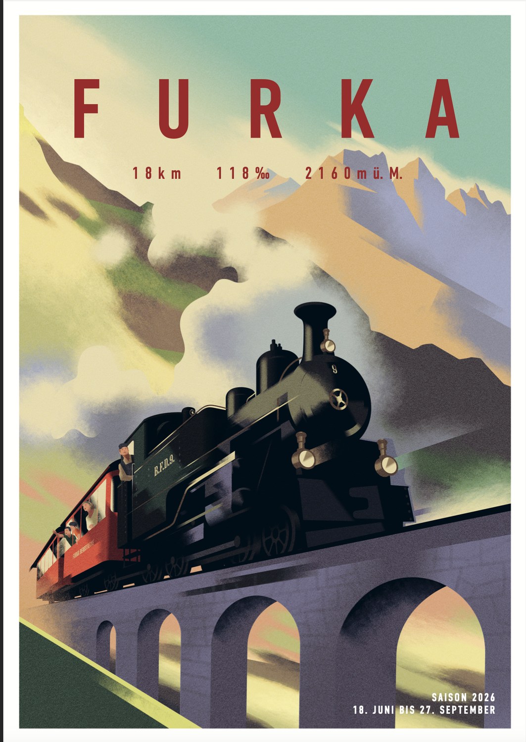 Furka Dampfbahn Kampagnenmotiv mit historischer Dampflokomotive